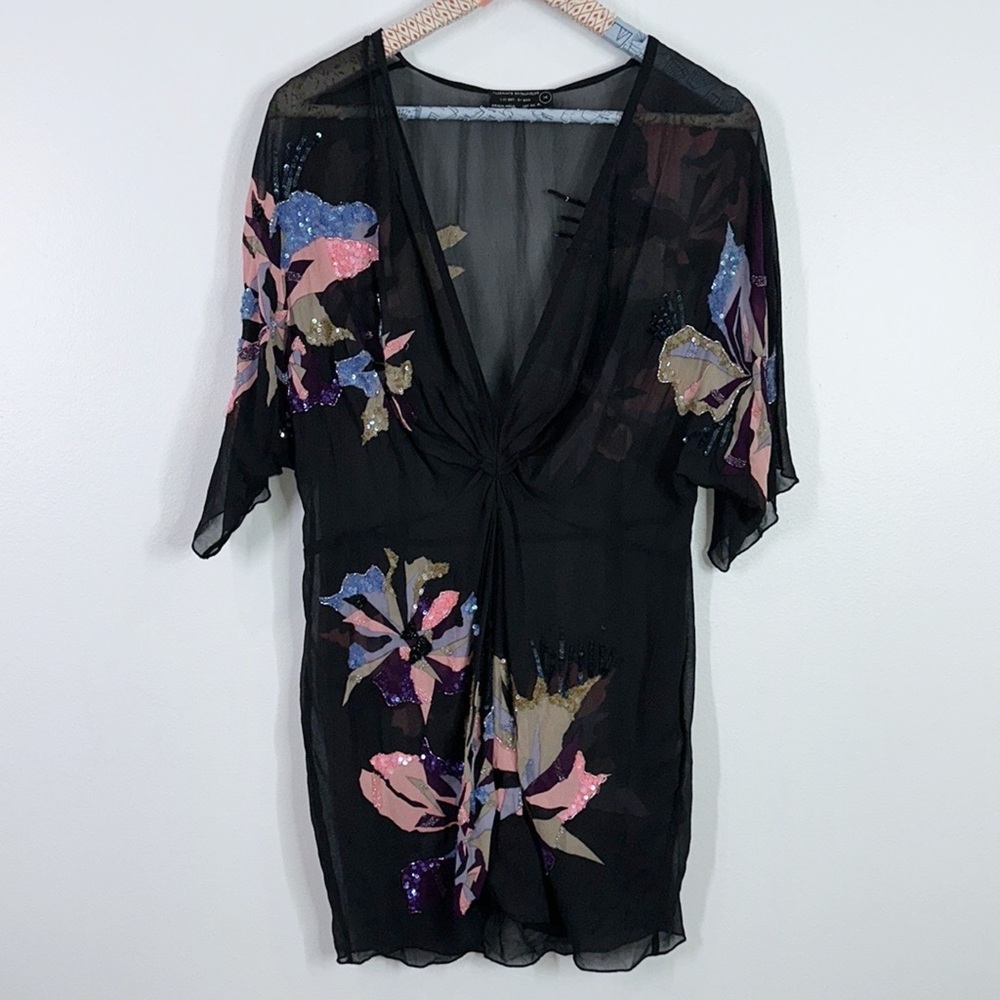 All Saints spitalfields sequin 100% silk sheer mini dress size 14 - Picture 1 of 11